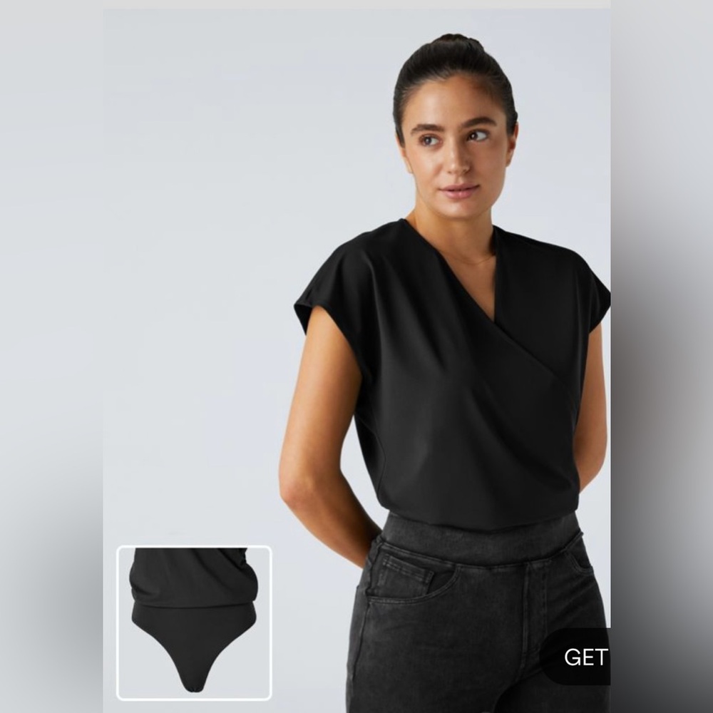 V Neck Cap Sleeve Crossover Ruched Work Bodysuit size L NWT